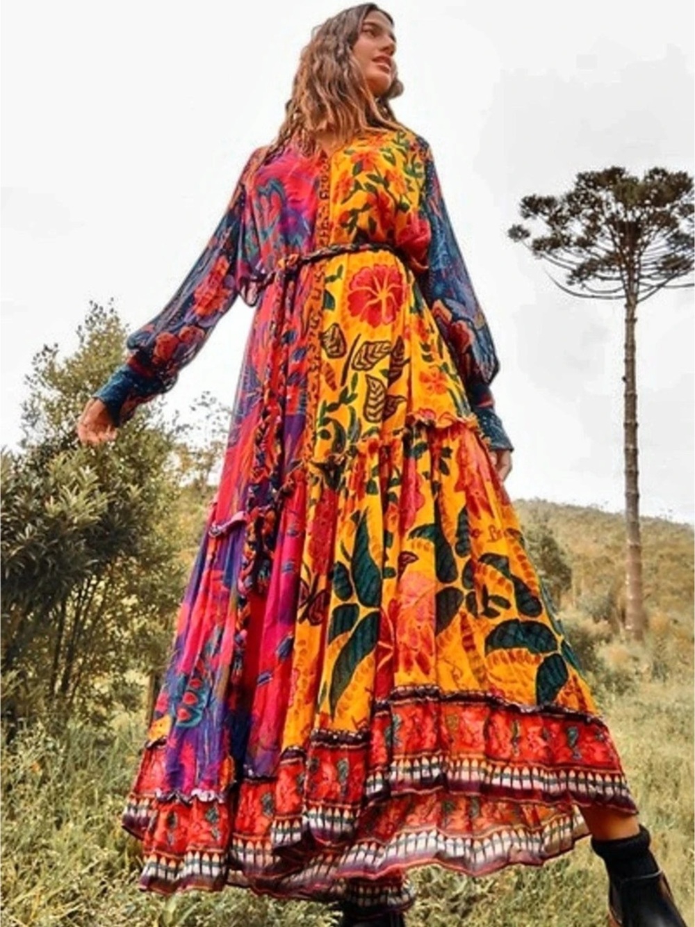 Farm Rio Bright Mixed Print Long Sleeve Button Down Maxi Dress Button Down Maxi